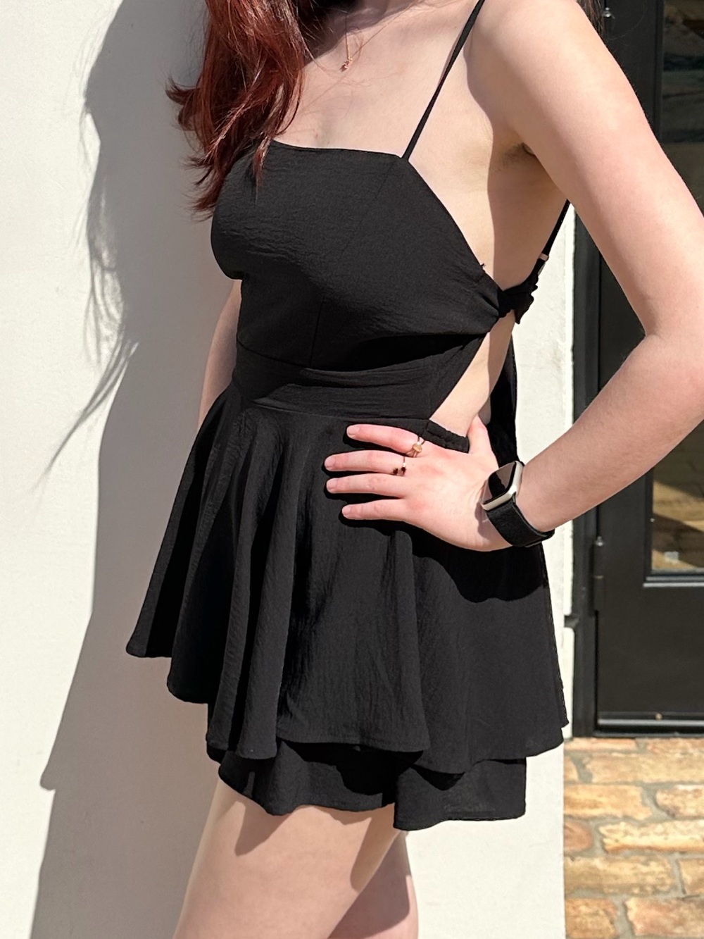 AMERICAN THREADS Black Layered Cutout Tie Back Mini Dress Romper Size S